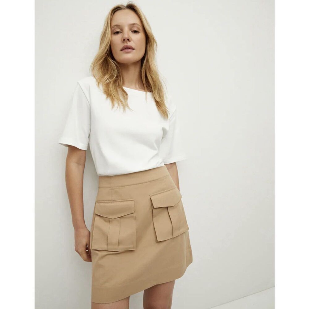 Veronica Beard Elowyn Mixed Media Dress Womens L White/Khaki Boat Neck Zip Snap